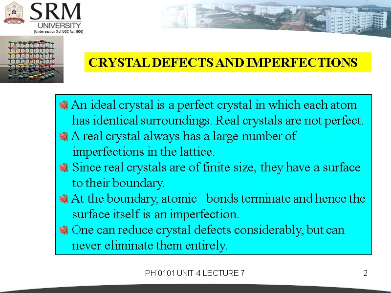 PH 0101 UNIT 4 LECTURE 7 2 CRYSTAL DEFECTS AND IMPERFECTIONS  An ideal